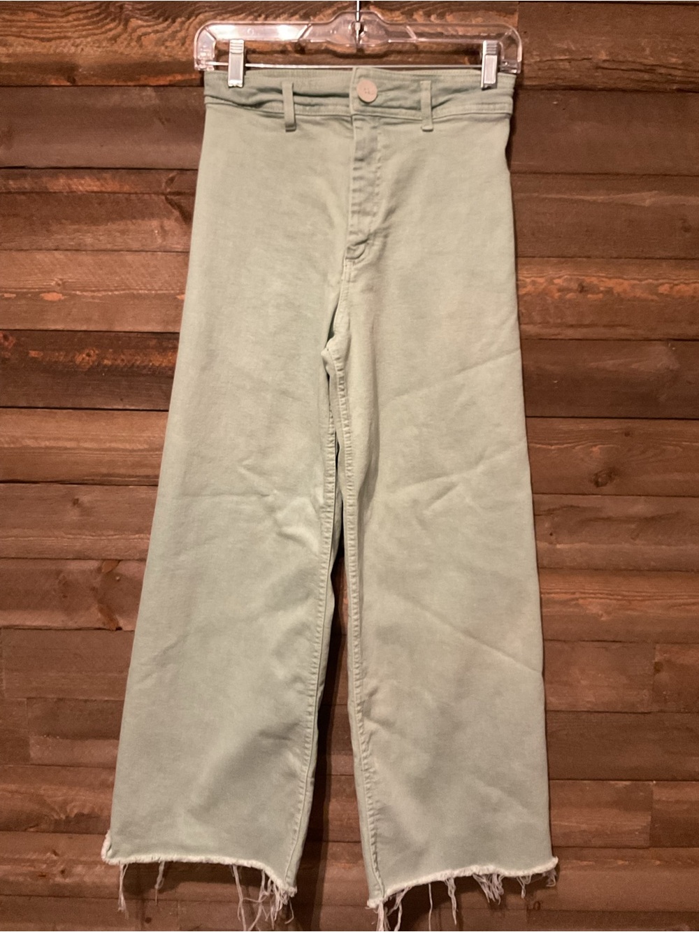Zara High Rise Jeans Womens Size 2 Green Denim Frayed Hem Wide Leg Retro Style